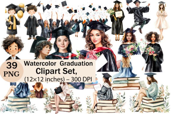 Watercolor Graduation Clipart Set